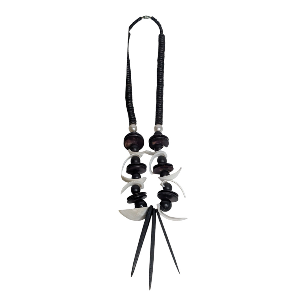 Tribal‎ Statement Necklace 15in Wood Shell Spike Beads Boho Ethnic Black White - Picture 7 of 7